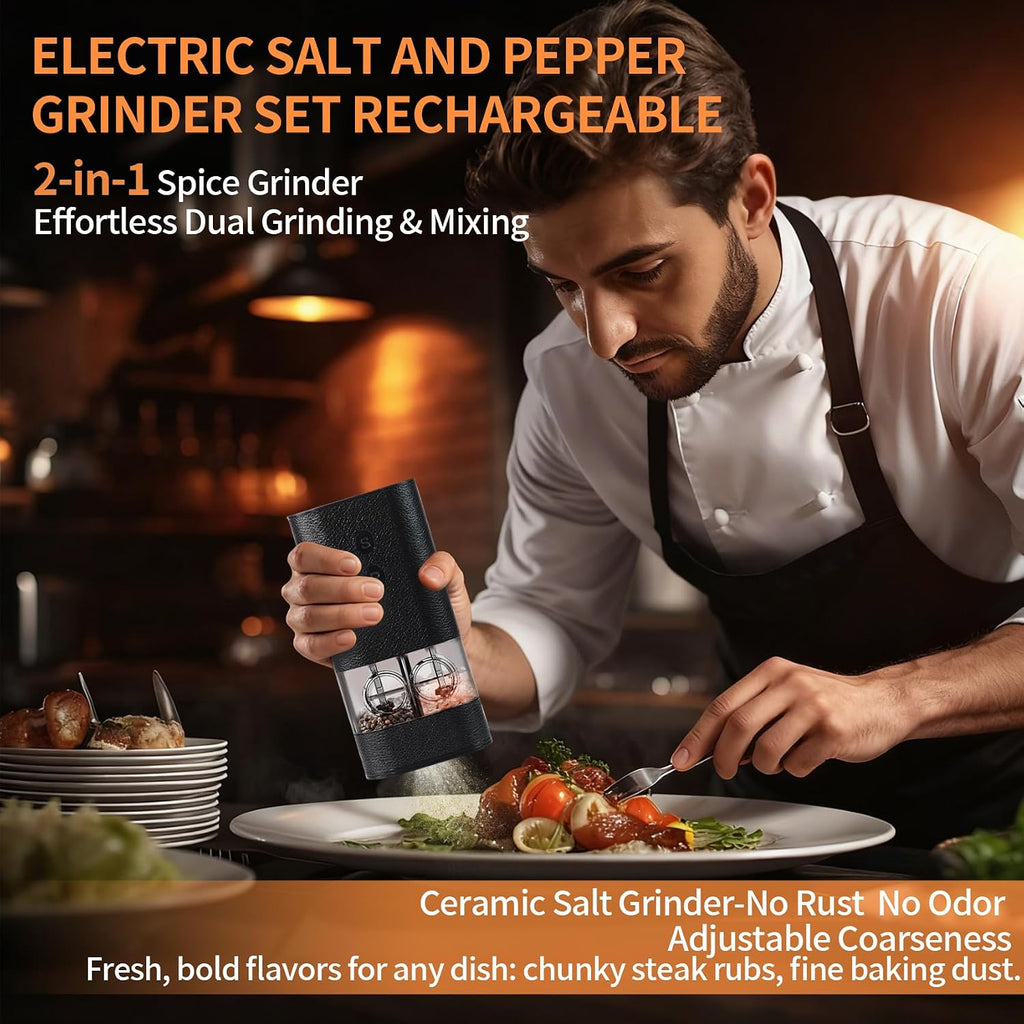 Dual-Chamber Electric Salt & Pepper Grinder — 2-In-1 Rechargeable Mill with LED Light